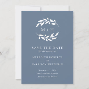 Dusty Blue Olive Branch Monogram Wreath Wedding Save The Date