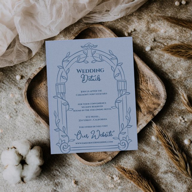 Dusty Blue Ornate Arch Botanical Wedding Details Begleitkarte (Dusty Blue Ornate Arch Botanical Wedding Details Card | Elegant Wedding Information Enclosure)