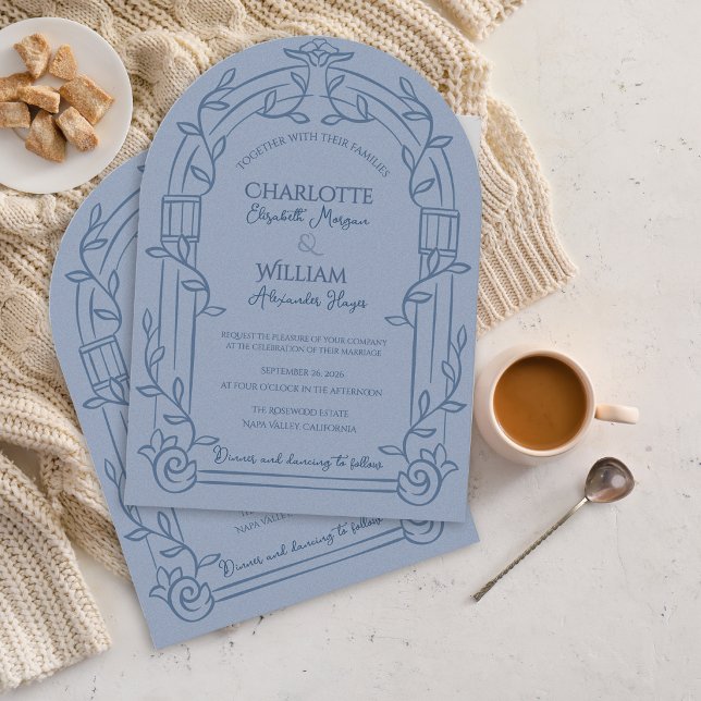 Dusty Blue Ornate Arch Botanical Wedding Einladung (Dusty Blue Ornate Arch Botanical Wedding Invitation | Elegant Garden Estate Wedding Invite)