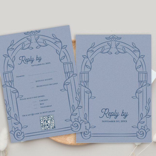 Dusty Blue Ornate Arch Botanical Wedding Reply  RSVP Karte (Dusty Blue Ornate Arch Botanical Wedding RSVP Card with QR Code | Elegant Wedding Reply Card)