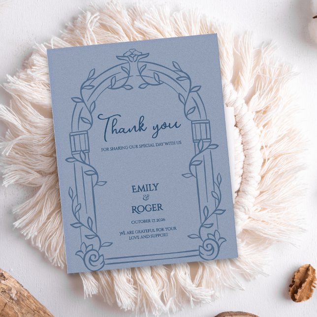 Dusty Blue Ornate Arch Botanical Wedding Thank You Postkarte (Dusty Blue Ornate Arch Botanical Wedding Thank You Card | Elegant Wedding Thank You Note)