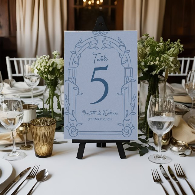 Dusty Blue Ornate Arch Wedding Table Number Card Dankeskarte (Dusty Blue Ornate Arch Botanical Wedding Table Number Card Elegant Reception Decor)