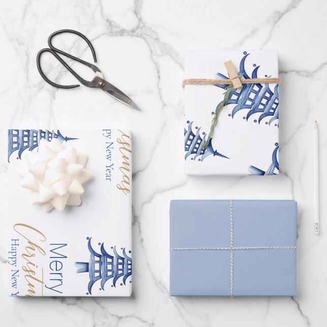 Dusty Blue Pagoda Geschenkpapier Set (Vorderseite)