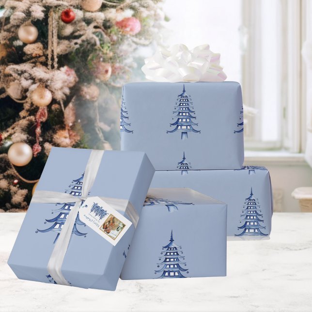 Dusty Blue Pagoda Weihnachtsbaum Muster Wrapping Geschenkpapier (Dusty Blue Pagoda Christmas Tree Pattern Wrapping Wrapping Paper)