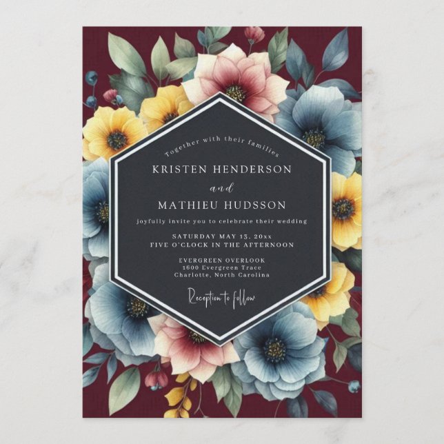 Dusty Blue Painterly Bloom Wedding Einladung (Vorderseite)