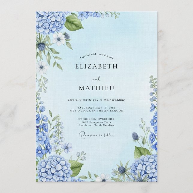 Dusty Blue Painterly Botanical Wedding Einladung (Vorderseite)