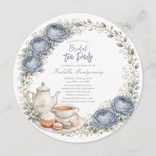 Dusty Blue Palette Tea Party Bridal Shower Einladung (Vorderseite)