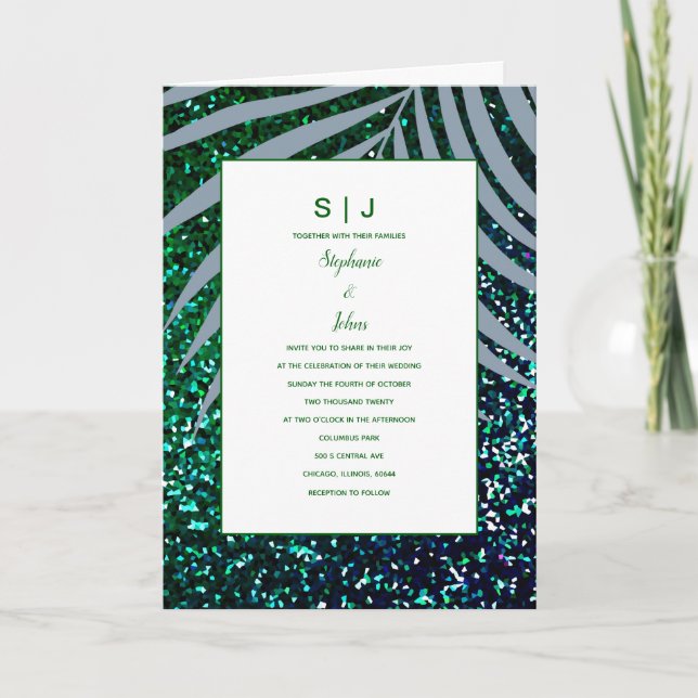 Dusty Blue Palm Blätter Green Glitzer Wedding Einladung (Vorderseite)