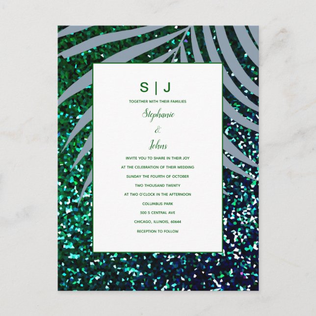 Dusty Blue Palm Blätter Green Glitzer Wedding Einladungspostkarte (Vorderseite)