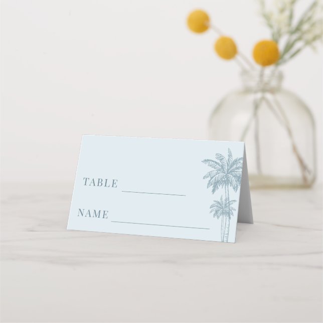 Dusty Blue Palm Tree Boho Beach Wedding Table Platzkarte (Vorderseite)