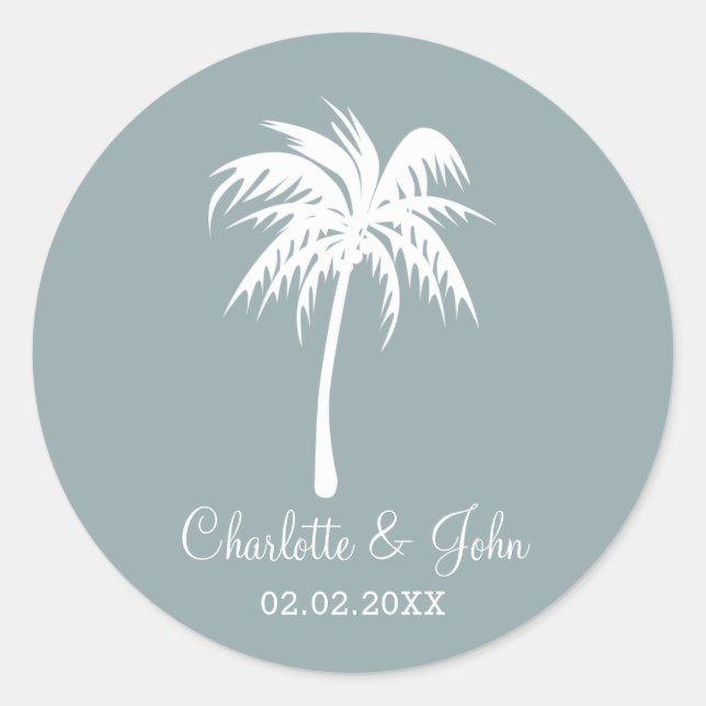 Dusty Blue Palm Tree Hochzeitsticker Runder Aufkleber (Vorderseite)