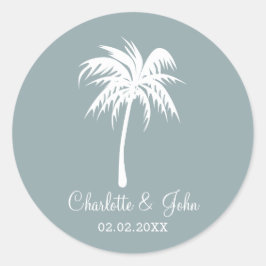 Dusty Blue Palm Tree Hochzeitsticker Runder Aufkleber