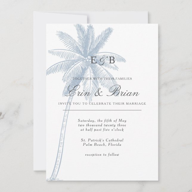 Dusty Blue Palm Tree Wedding Invitation Minimal Einladung (Vorderseite)
