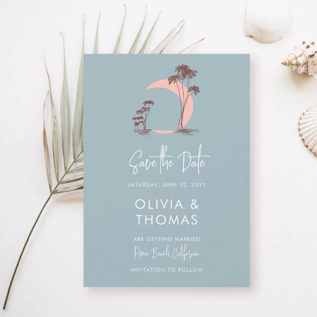 Dusty Blue Palm Trees Moon Modern Beach Wedding Save The Date (beach wedding save the date dusty blue palm trees crescent moon modern romantic elegant seaside)
