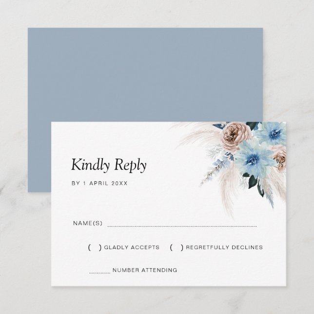 Dusty Blue Pampas floral RSVP card Karte (Vorne/Hinten)