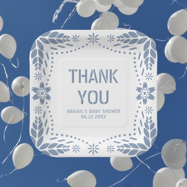 Dusty blue papel picado Danke You Baby Boy Shower Pappteller (Von Creator hochgeladen)
