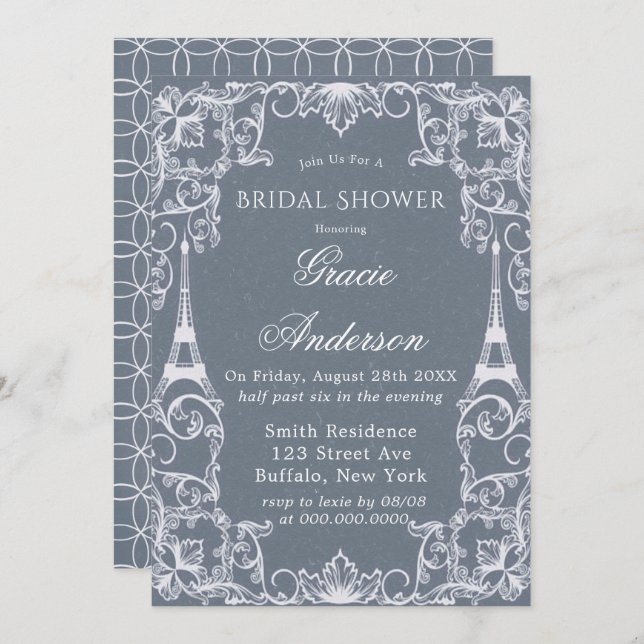 Dusty Blue Paris Frankreich Bridal Dusche Einladun Einladung (Vorne/Hinten)