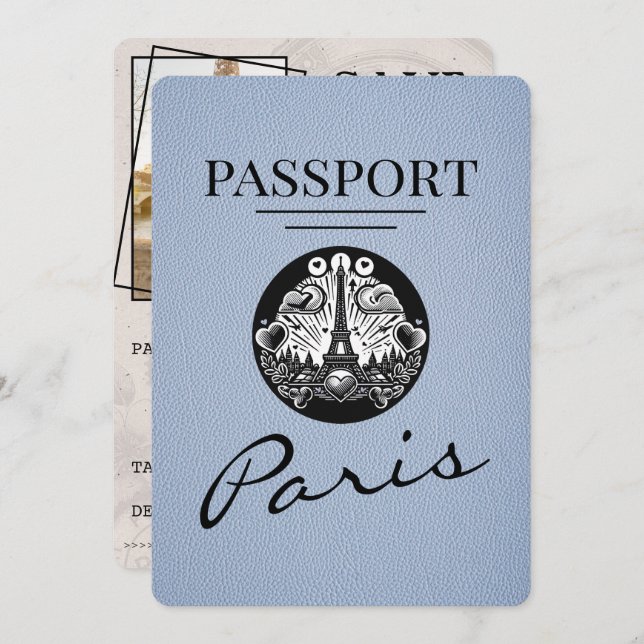 Dusty Blue Paris Passport Save the Date (Vorne/Hinten)
