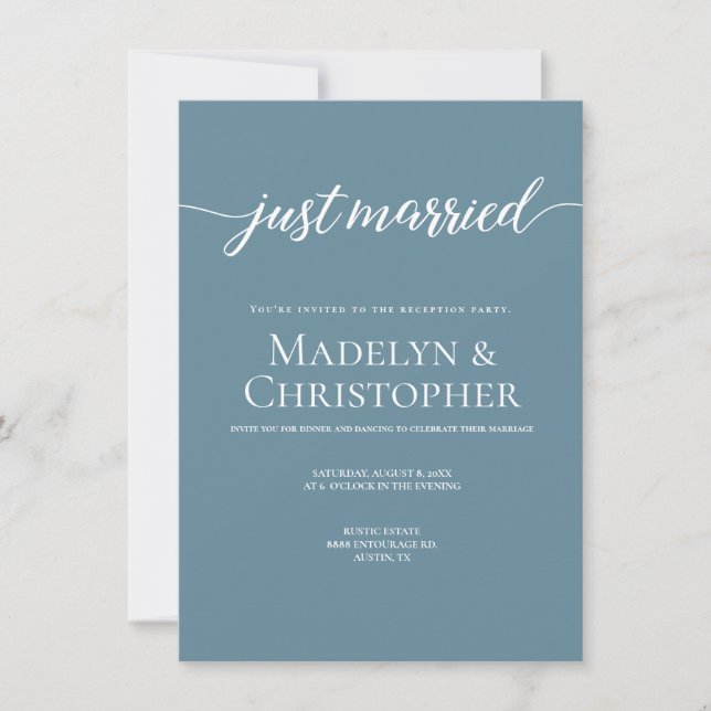 Dusty Blue Party Only Wedding Foto Gerade verheira Einladung (Vorderseite)