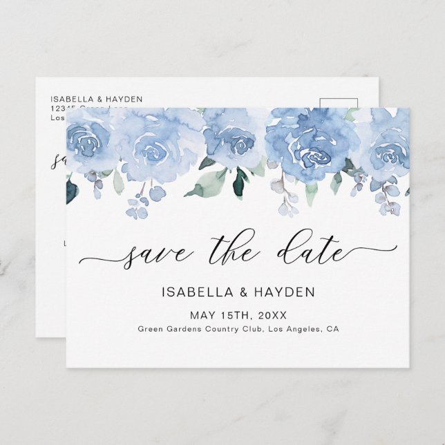 Dusty Blue Pastel Floral Light Boho Save the Date Ankündigungspostkarte (Vorne/Hinten)