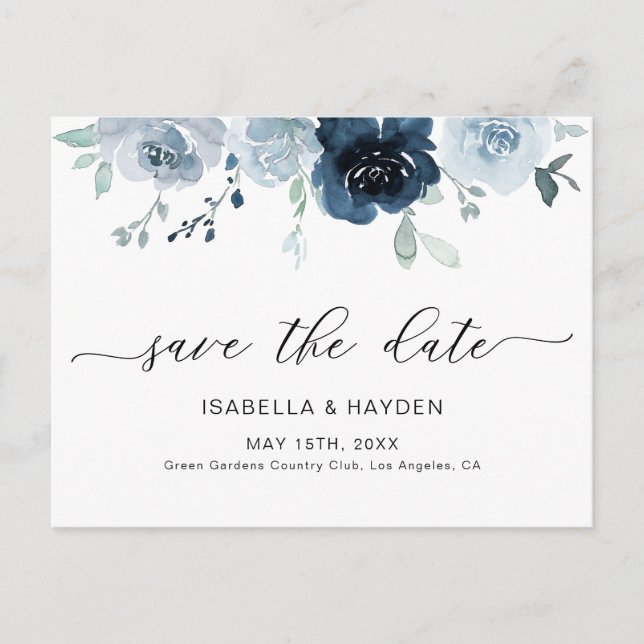 Dusty Blue Pastel Floral Pastel Boho Save the Date Ankündigungspostkarte (Vorderseite)