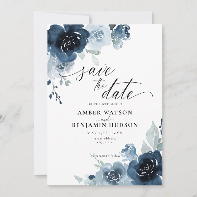 Dusty Blue Pastel Navy Blume Floral Save the Date Einladung (Vorderseite)