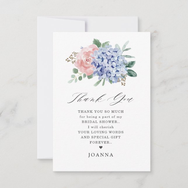 Dusty Blue Pastel Pink Hydrangeas Brautparty Dankeskarte (Vorderseite)