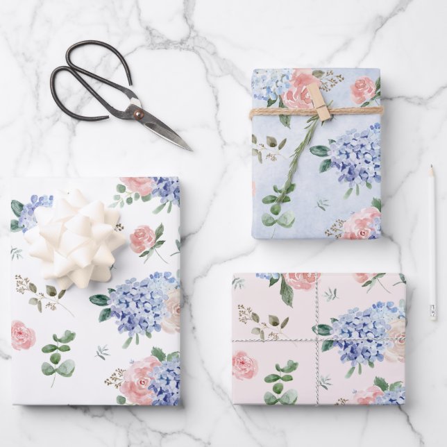Dusty Blue Pastel Pink Hydrangeas Hochzeit Geschenkpapier Set (Vorderseite)