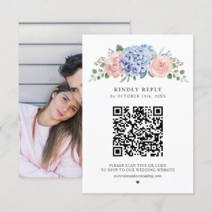 Dusty Blue Pastel Pink Hydrangeas Wedding QR Code RSVP Karte