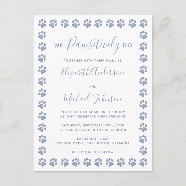Dusty Blue Paw Prints Wedding Einladung Postcard Postkarte (Vorderseite)
