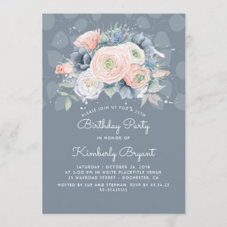 Dusty Blue Peach and Rose Floral Geburtstagsparty Einladung