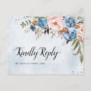 Dusty Blue Peach Blush Botanical Boho Wedding RSVP Postkarte