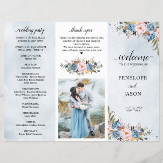 Dusty Blue Peach Blush Botanical Wedding Programm