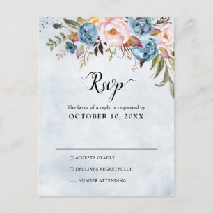 Dusty Blue Peach Blush Botanical Wedding RSVP Postkarte