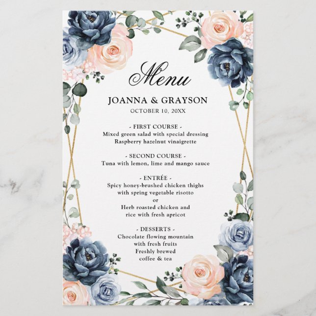 Dusty Blue Peach Blush Geometric Wedding Menu (Vorderseite)
