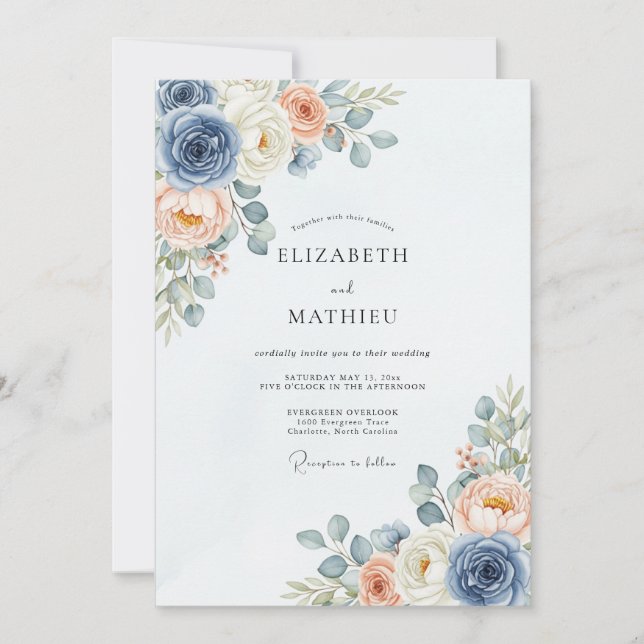 Dusty Blue Peach Delicate Spring Wedding Einladung (Vorderseite)