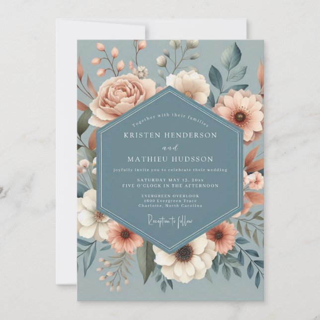 Dusty Blue Peach Flora Wedding Einladung (Vorderseite)