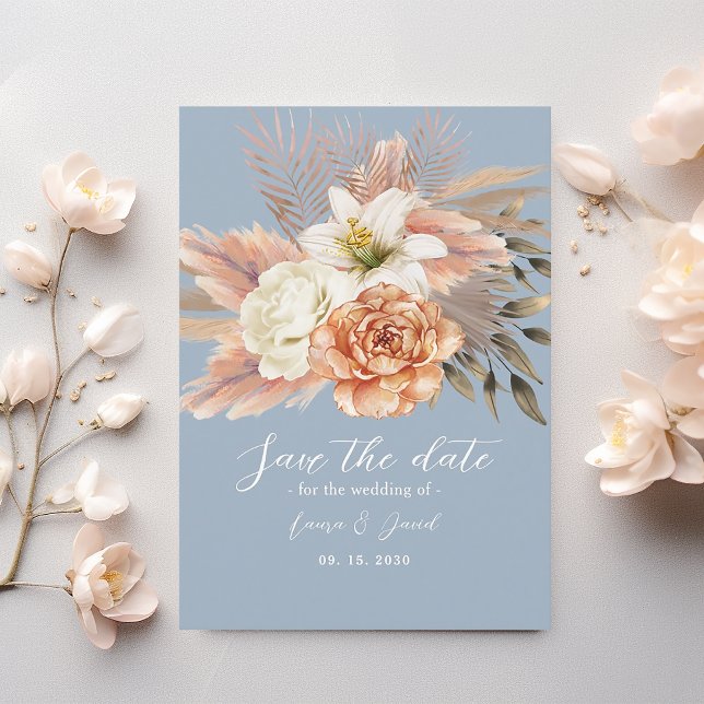 Dusty Blue Peach Floral Boho Wedding Save The Date (Von Creator hochgeladen)