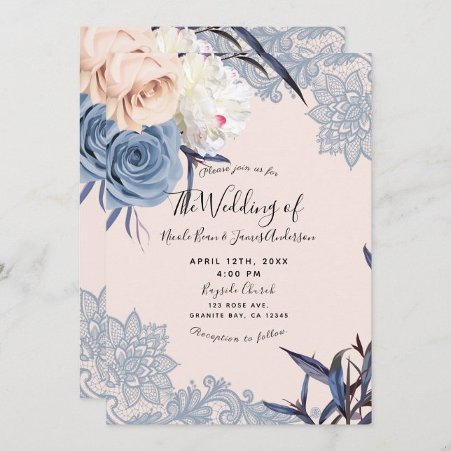 Dusty Blue & Peach Floral Lace Wedding Einladung (Vorne/Hinten)