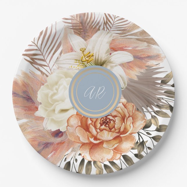Dusty Blue Peach Floral Wedding Pappteller (Vorderseite)