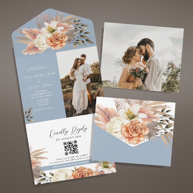 Dusty Blue Peach Floral Wedding QR Einladung (Von Creator hochgeladen)