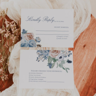 Dusty Blue & Peach Floral Wedding RSVP Card Karte