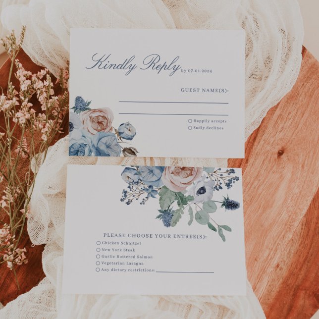 Dusty Blue & Peach Floral Wedding RSVP Card Karte (Von Creator hochgeladen)