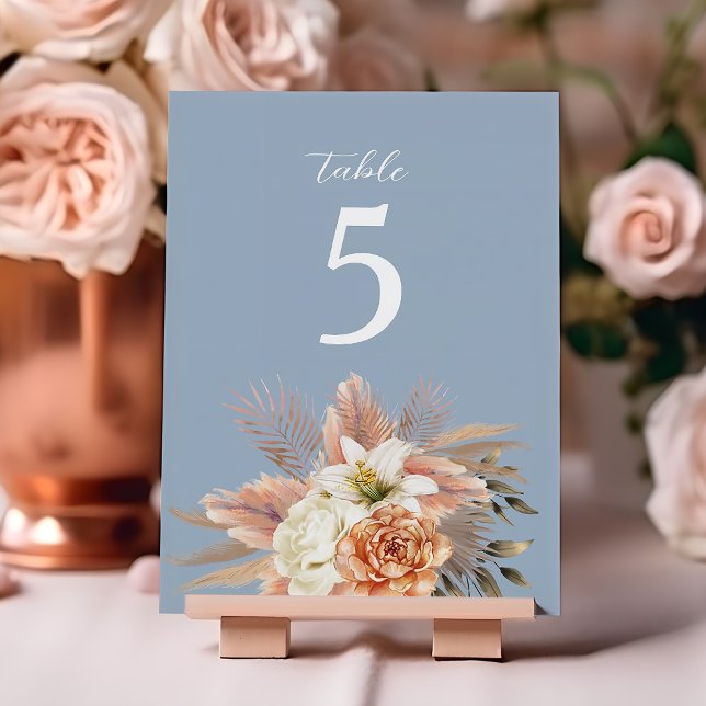 Dusty Blue Peach Floral Wedding Tischnummer (Von Creator hochgeladen)