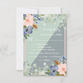 Dusty Blue Peach Green Wedding RSVP Karte