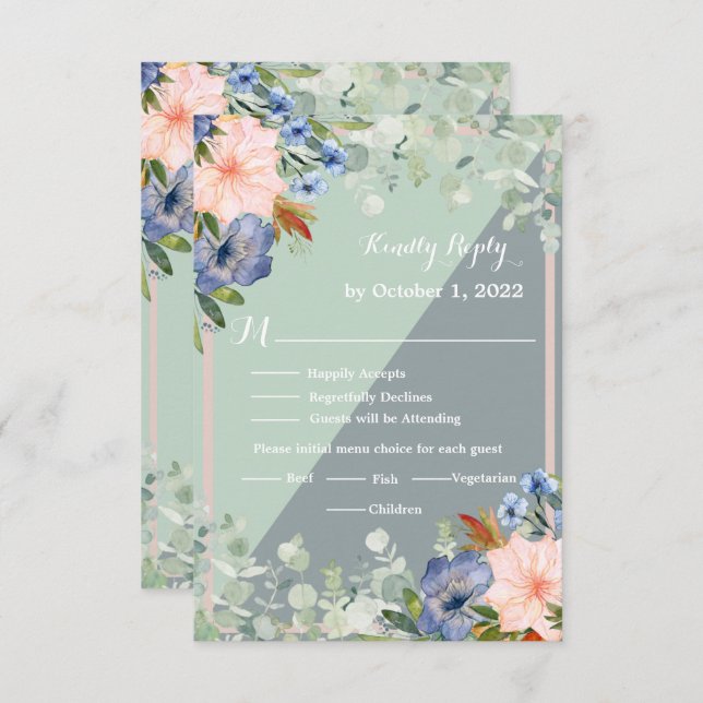 Dusty Blue Peach Green Wedding RSVP Karte (Vorne/Hinten)