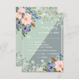 Dusty Blue Peach Green Wedding RSVP Karte