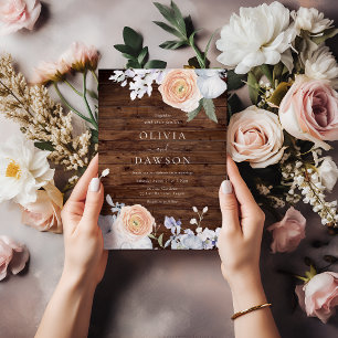 Dusty Blue & Peach Rustic Wood Wedding Einladung