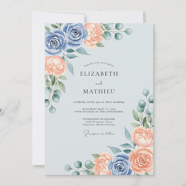 Dusty Blue Peach Splendid Spring Wedding Einladung (Vorderseite)