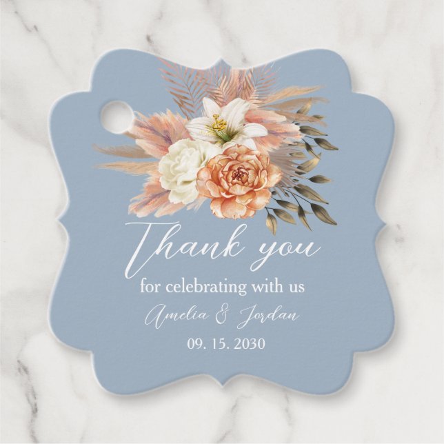 Dusty Blue Peach Wedding Vielen Dank Geschenkanhänger (Vorderseite)